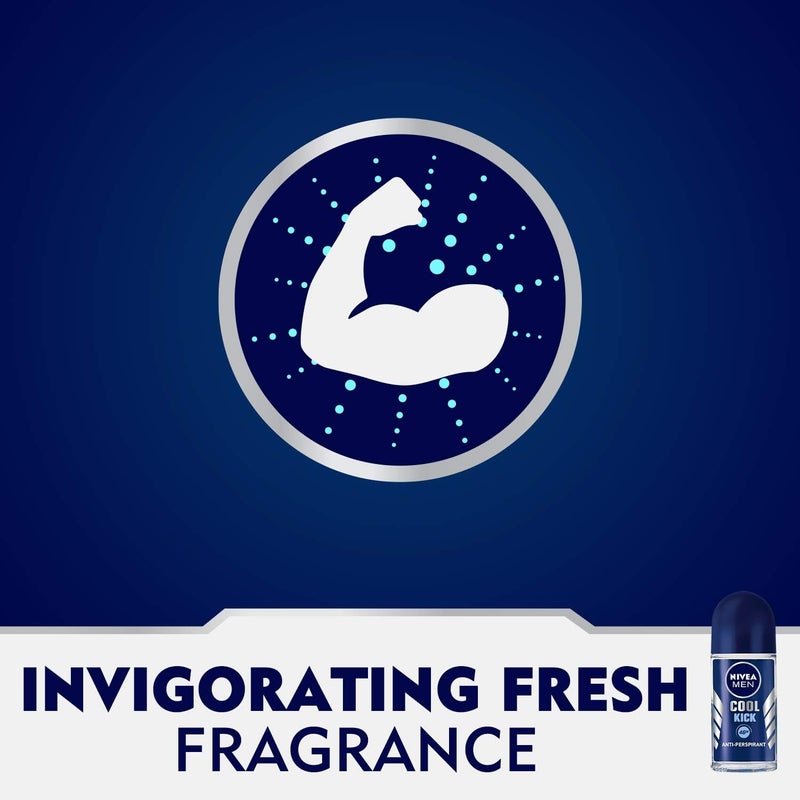 NIVEA MEN Deodorant Roll-on, 48h Protection, Cool Kick Fresh Scent, Pack of 3 (50ml each) - Image 3